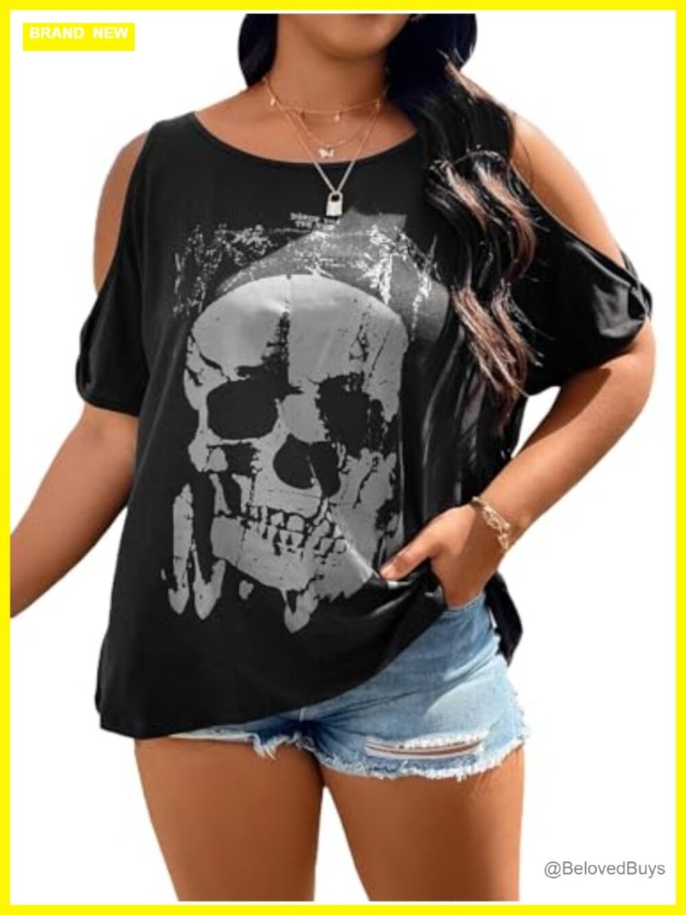 Plus Size Gothic Cold Shoulder Graphic Tee Y2K Grunge Short Sleeve Top